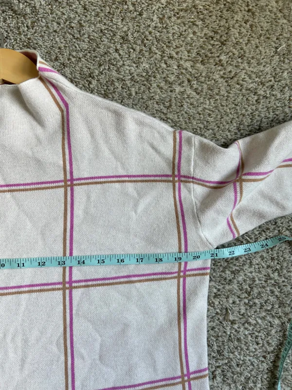 Tahari Cream Plaid Mock Neck Sweater with Pink Trim Fall Pastel Preppy Small - Image 5