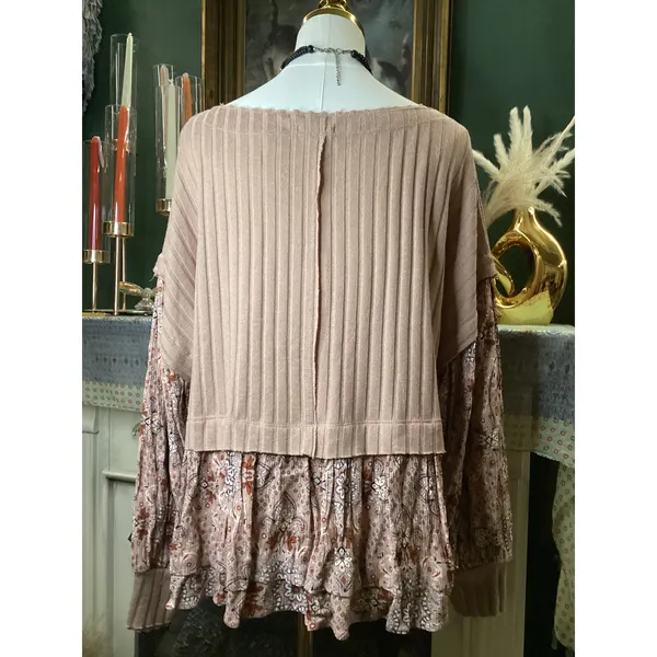 Gimmicks BKE Ribbed Mixed Media Floral Peplum Top Mauve Medium HFL1265 - Image 4