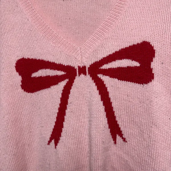 Wildfox Women Sweater Large Pink Bow Distressed V-Neck Oversized Pullover - Image 5