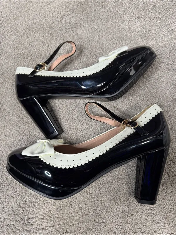 Women’s Black Chunky Heel Mary Jane Pumps Cute Bow Round Toe Size 9.5 NEW - Image 6