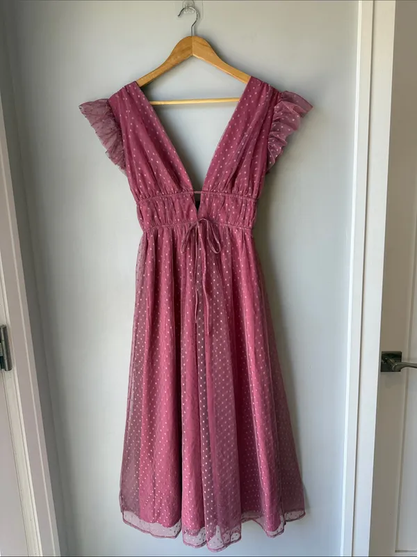 Lulu's Soft Girl Yours Evermore Mauve Swiss Dot Ruffled Midi Dress - Image 2