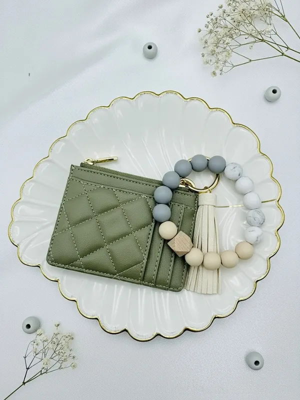 Sage Green Quilted Card Holder Wallet Wristlet Keychain Tassel - Image 3
