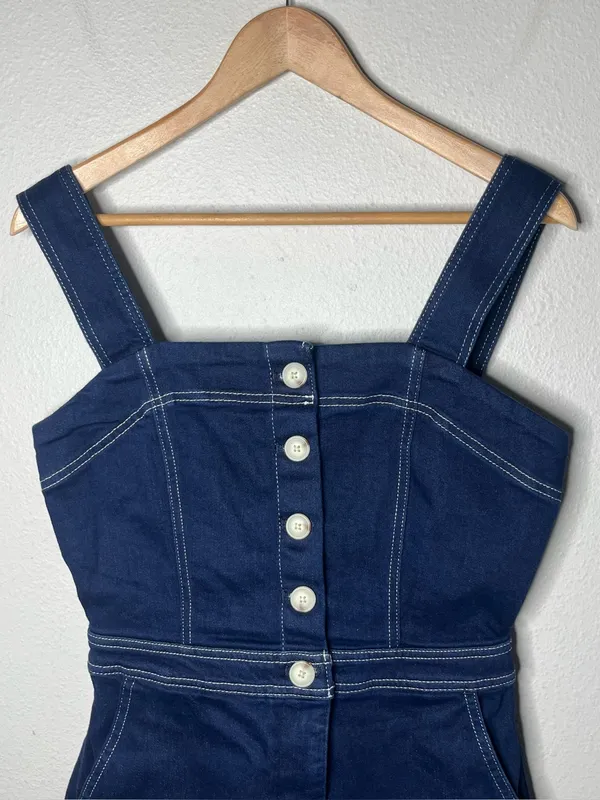 Maeve The Portside Denim Square Neck Button Front Romper Retro Boho Twee - Image 5