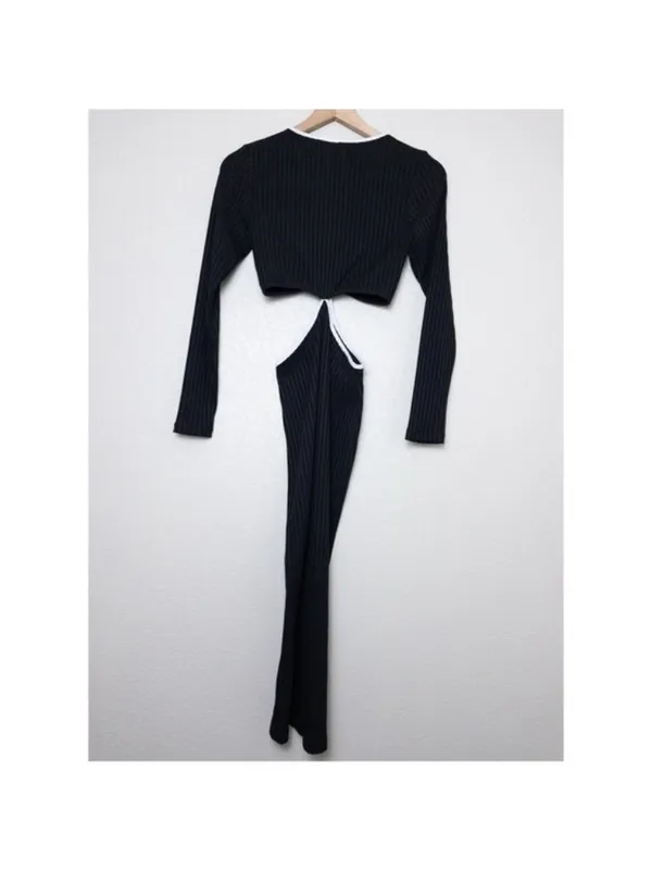 Showpo Ribbed Cutout Long Sleeve Midi Dress 2 Black White Bodycon - Image 6