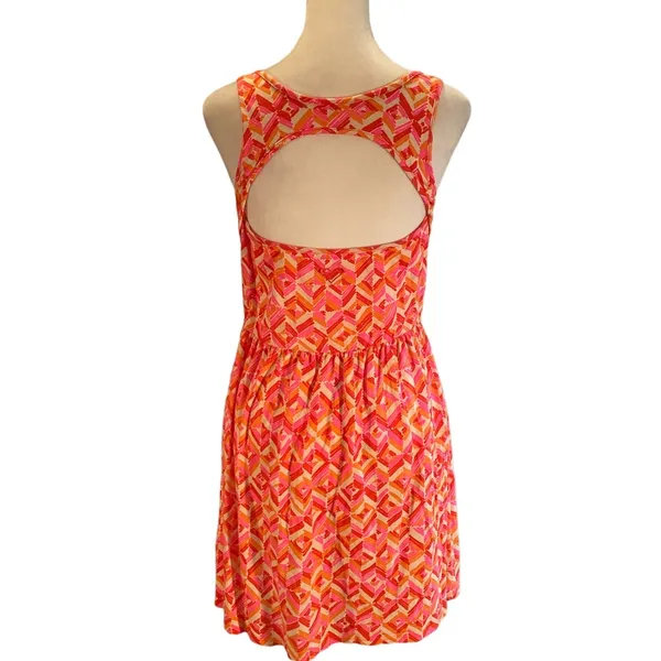 Roxy Orange, Red, White & Pink Abstract Print Cut Out Back Sleeveless Sundress M - Image 2