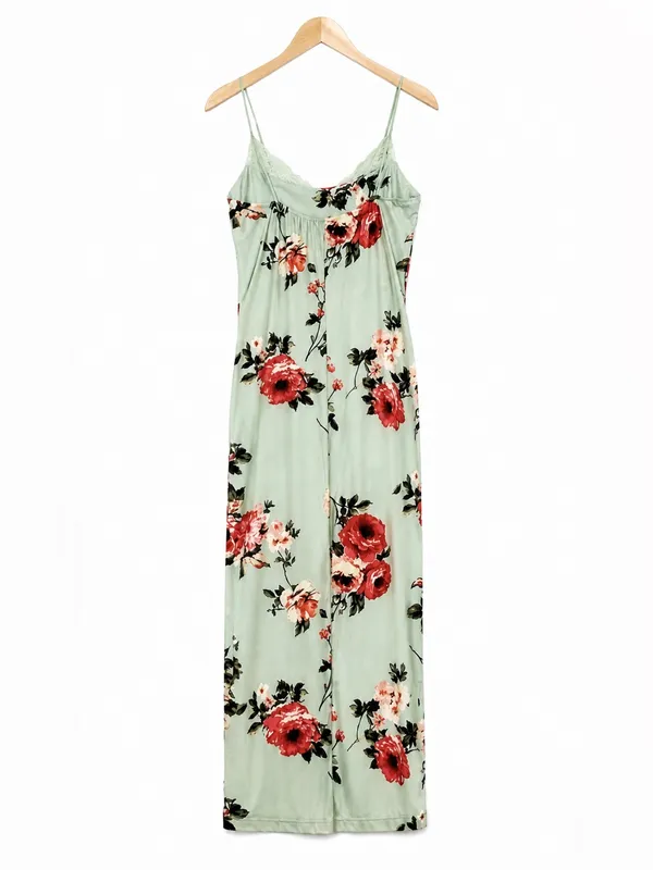 Sexy Mint Green Floral Bodycon small Midi Dress Lace Trim Cami Spaghetti Strap - Image 2