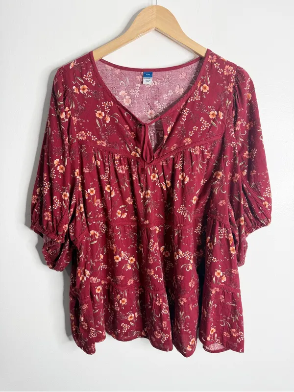 Old Navy Puff-Sleeve Floral Tiered‎ Swing Boho Top Burgundy Floral XXL Flowy - Image 2