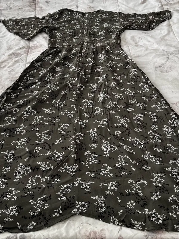 French Connection charcoal grey Floral Maxi Dress, size 2 faux wrap V-neck chic - Image 15