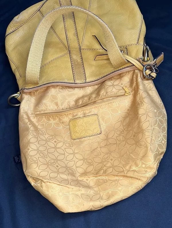 Fossil Mustard Yellow Double Strap Distressed Leather Satchel Purse - Image 7