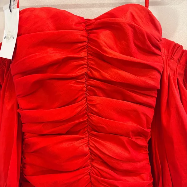 Bardot Marissa Mini Dress Red Ruched Taffeta Off Shoulder Balloon Sleeve XS NEW - Image 4