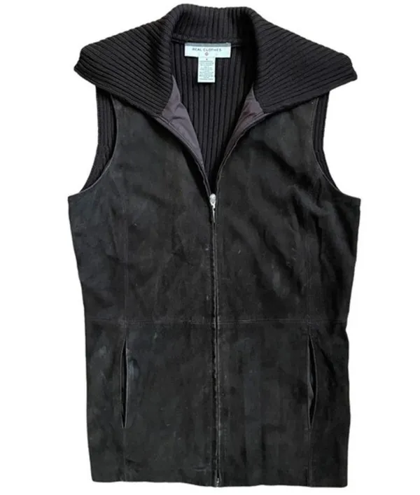 Saks Fifth Avenue Vtg Real Clothes Brown Suede Leather Merino Wool Sweater Vest - Image 11