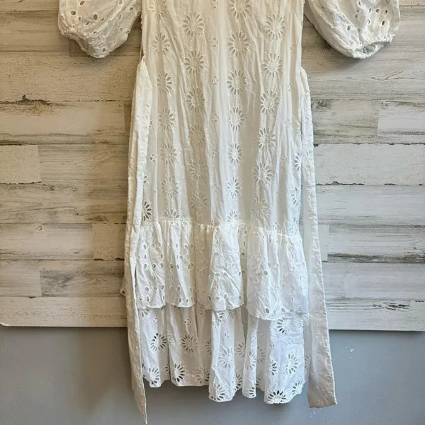 Zara Eyelet Cotton Midi Dress Puff Sleeve Belted Floral Ruffle Tiered Medium - Image 7