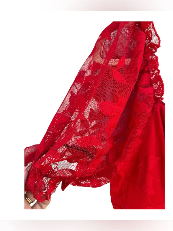 SBetro Plus 2XL Red Lace Overlay Puff Sleeve Sweetheart Mini Dress Coquette NWT - Image 5