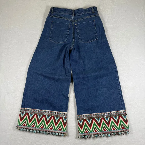 Alice + Olivia Wide Leg Jeans Blue Denim Boho Embroidered Pom‎ Pom Hem Size 25 - Image 11