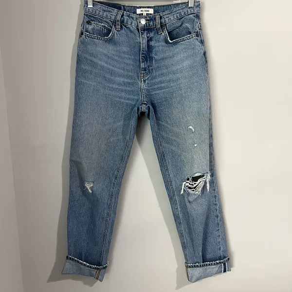 RE/DONE 70's Straight Jeans Women's Size 28 Destroyed Sunfaded Indigo High Rise - Image 3