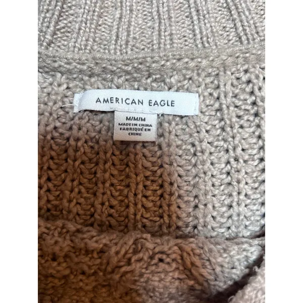 American Eagle Cable Knit Sweater‎ Tan Pink Stripe Medium Cozy Fisherman Baggy - Image 4