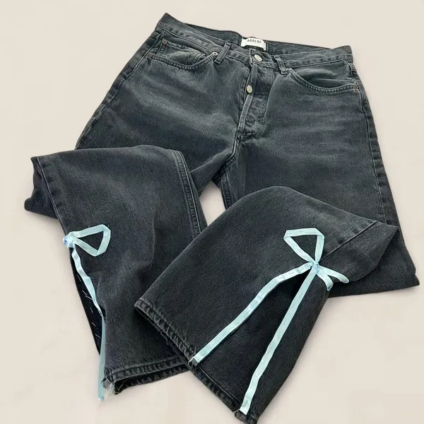 Agolde 90s dark wash jeans w/ custom ribbon split hem | size 28 coquette - Image 3