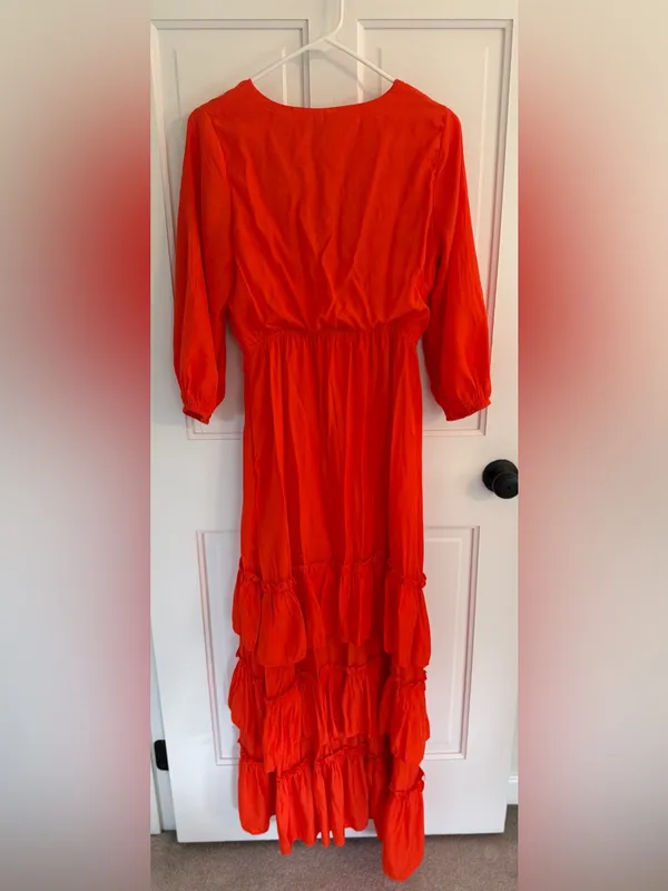 CHICWAYS Orange Ruffle Maxi Dress Boho Tiered Long Sleeve Size M - Image 5