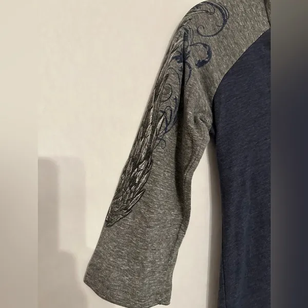 Harley-Davidson Rhinestone Logo Raglan Top Small Gray Blue Biker Tee - Image 11