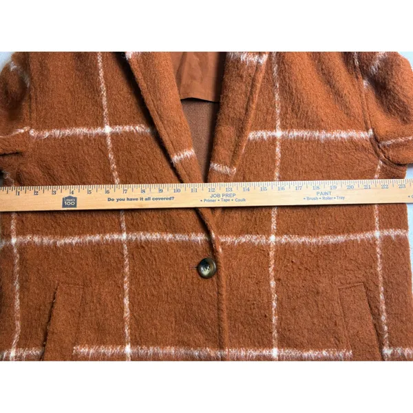 Old Navy Womens Long Windowpane Plaid Coat Rust Orange Boucle Overcoat Large - Image 6