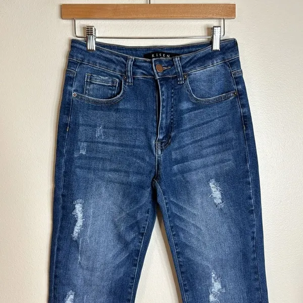 Risen Jeans Women's Distressed Raw Hem Flare Denim Blue Size 5/27 - Image 3