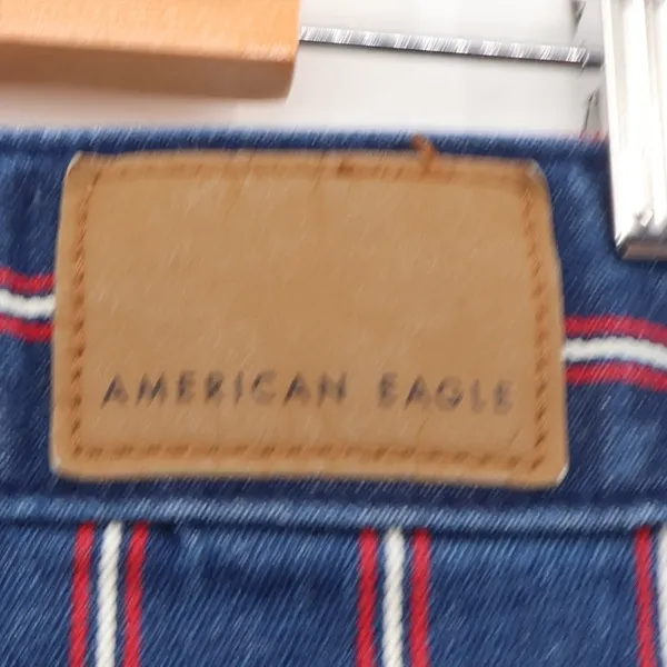 American Eagle Denim Mini Skirt Womens Blue Red Stripe Raw Hem Stretch‎ Size 2 - Image 5