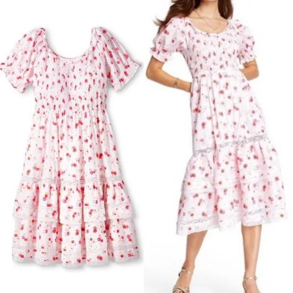 LoveShackFancy X Target Cosette Floral Midi Dress Smocked Cottagecore Lace Pink - Image 11