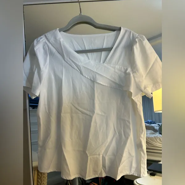 NEW Elegant Asymmetrical Neck Puff Sleeve Blouse Short Sleeve Blouse Top M - Image 4
