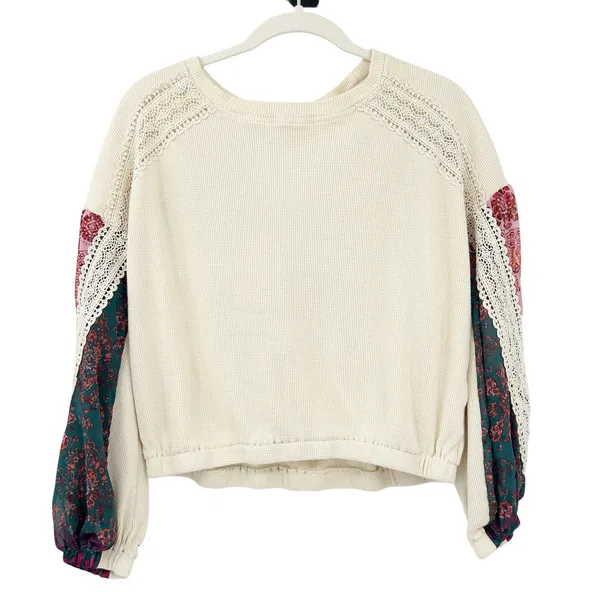 Forever 21 Womens Boho Artsy Waffle Knit Lace Crochet Balloon Sleeve Top‎ Size S - Image 2