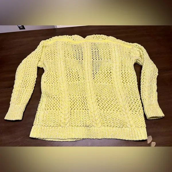 A by ANTHROPOLOGIE Cable Knit Yellow- White CARDIGAN, 73% Cotton, Size M/L - Image 8