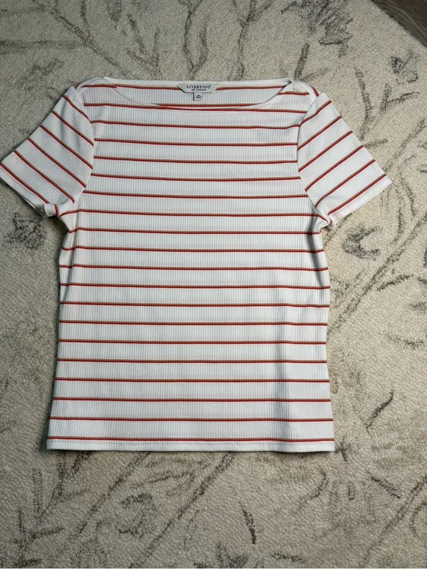 Liverpool Los Angeles White & Red Striped Rib Knit Top XS | Stretch Boat Neck - Image 2