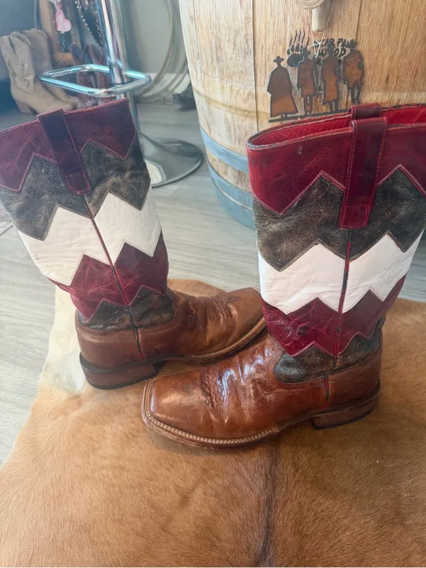 $299 Macie Bean Red White & Brown Leather Western Square Toe Cowgirl Boots 9.5 - Image 3