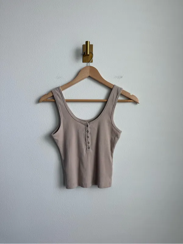 Abercrombie & Fitch Soft A&F Rib Henley Tank Top Beige XS - Image 2