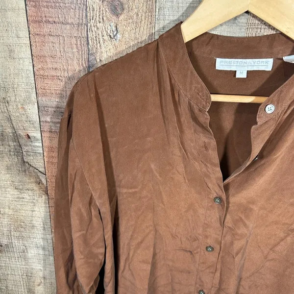 Preston & York Womens M 100% Silk Brown Oversized Button Down Longline Tunic Top - Image 2