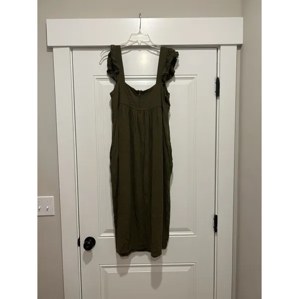 Women’s Olive Green Midi dress Sz Medium pockets Prairie Cottagecore Boho Ruffle - Image 5