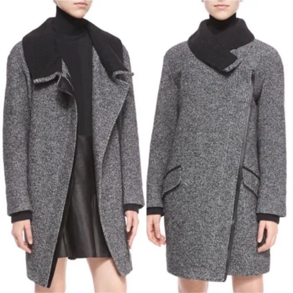 Vince Shawl Collar Asymmetrical Zip Wool Blend Lambskin‎ Trim Tweed Ines Coat XS - Image 2