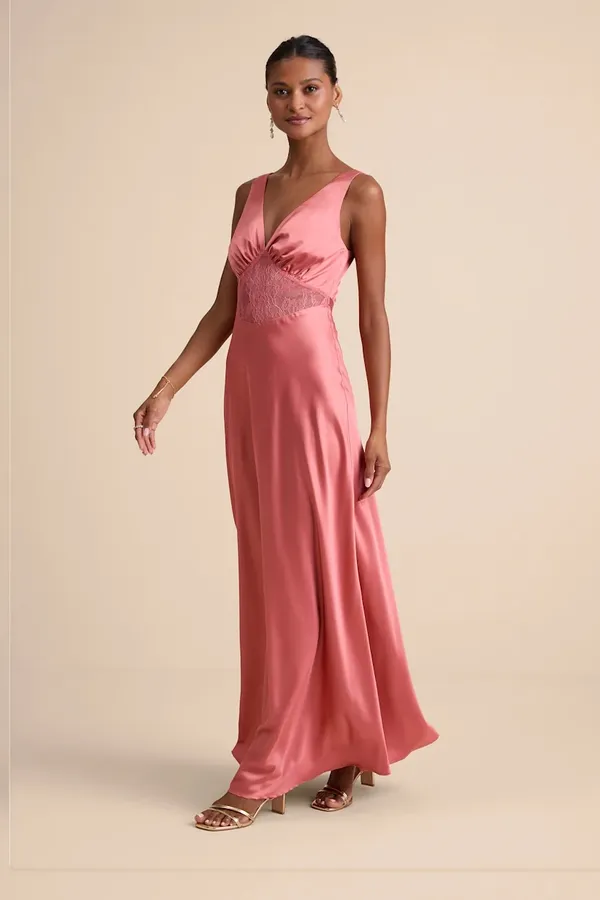 Lulu's Satin Maxi Dress in Rose Pink with Lace Waist - Image 3