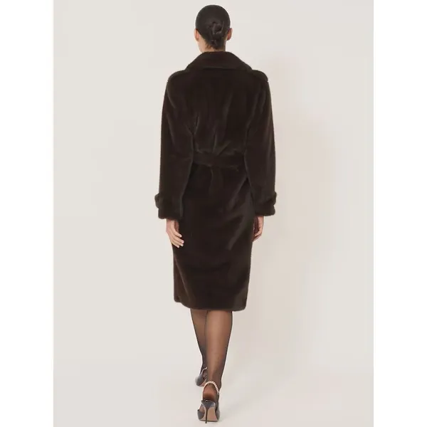 Reiss Cate Faux-Fur Long Belted Coat in Chocolate Brown - Image 3