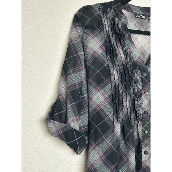 APT 9 Women's L Black Plaid‎ Ruffle Sheer Top w/ Black Tank Top Soft Goth Grunge - Image 10
