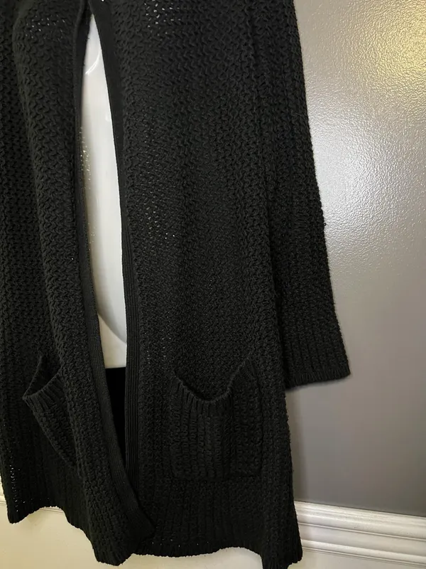 Lucky Brand Cardigan Sweater Womens Medium Black Open Knit Long Duster Pockets - Image 5