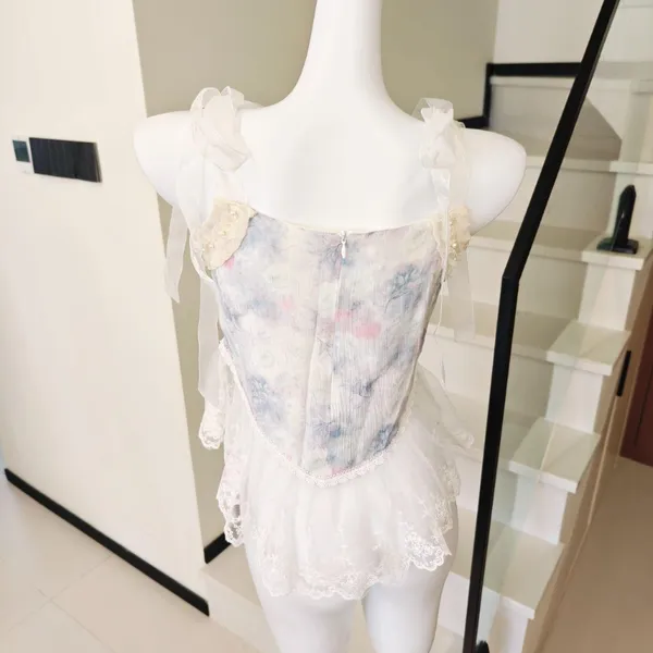 Sheer Mesh Cami Top Beaded Bow Embroidery Lace  - Image 4