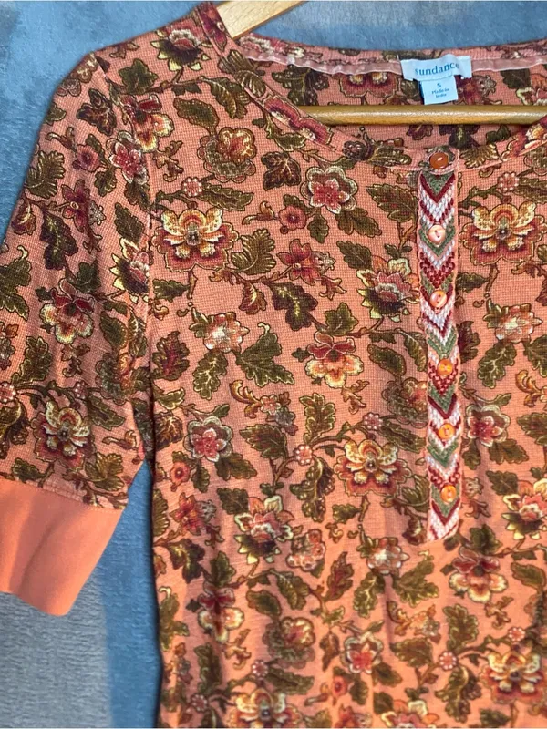 Sundance floral orange 3/4 sleeve waffle knit Henley top‎ small cotton twilight - Image 2