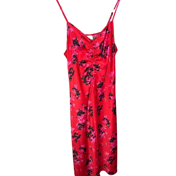 A New Day Womens Red Floral Satin Ruched Midi Slip Dress Large‎ - Image 4