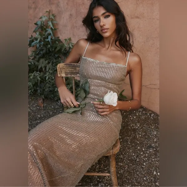 NWOT House of CB 'Alondra' Cafe Au Lait Beaded Maxi Dress sz L - Image 7