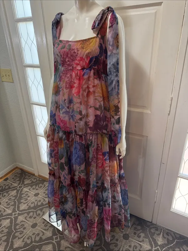 AUDREY PARKS+francesca's Floral Tiered Maxi Dress Tie Straps - Pink Multi S M - Image 6