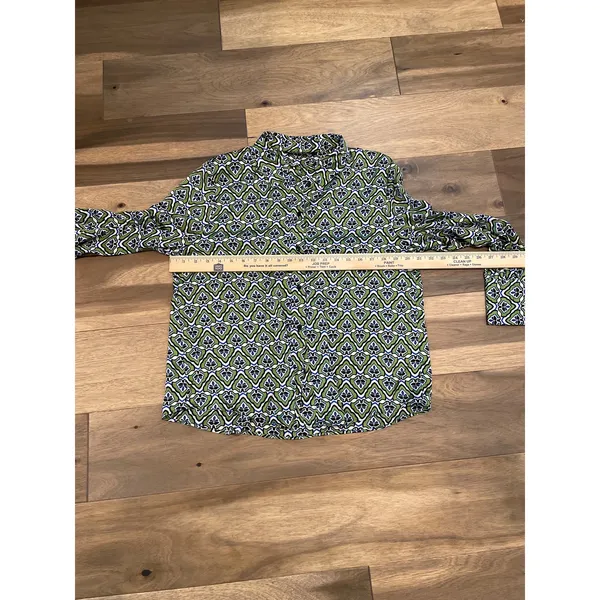 Zara Satin Button Up Top Size M Green Abstract Boho Desi Print - Image 5