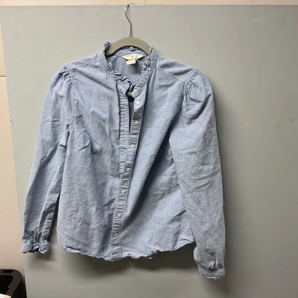 H&M Ruffle Collar Button Down Shirt Womens Small Light Blue Cotton‎ Puff Sleeve - Image 2