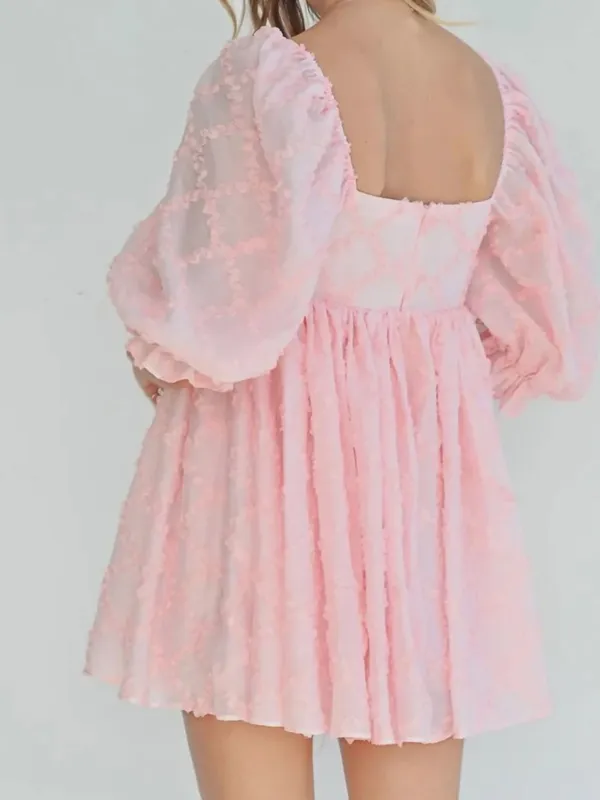 Mable Ribbon Textured Puff Sleeve Babydoll Mini Dress In Baby Pink‎ Size M - Image 3