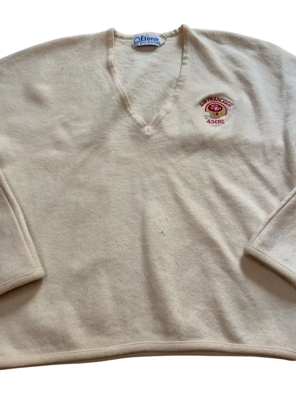 Etonic Vintage San Francisco 49ers Zephyr Wool V-Neck Sweater Cream L *HOLE* - Image 5