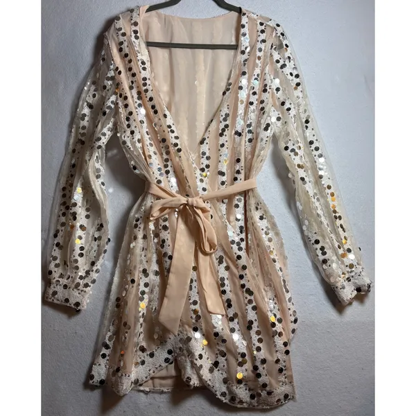 Champagne Sequin Striped Wrap Mini Dress Long Balloon Sleeve V-Neck Party - Image 4